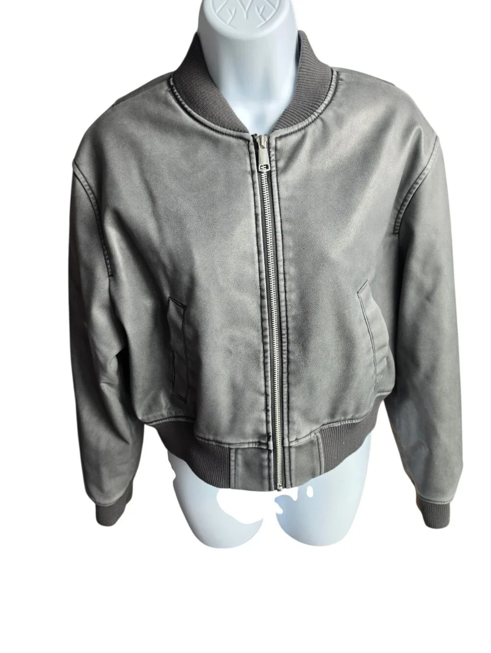 Edit by Jason Wu Faux Leather Bomber Jacket - Distressed Gray Crop - Size M